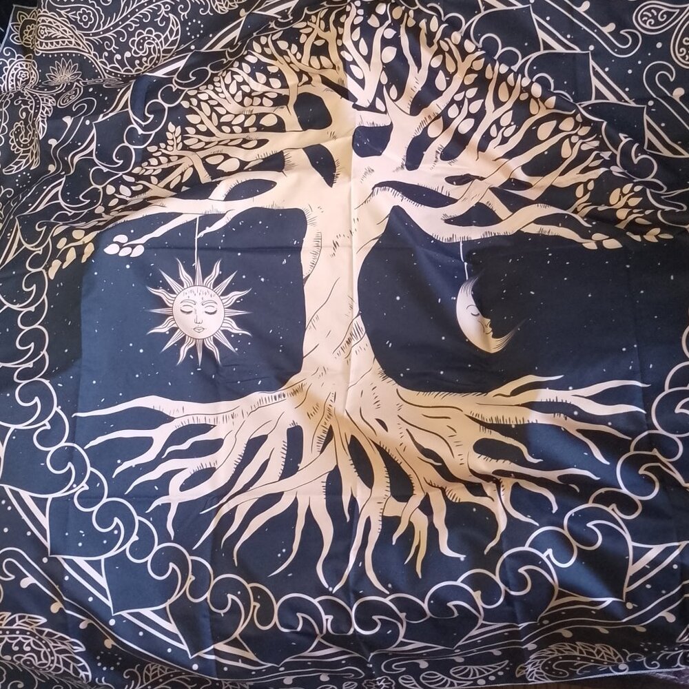 TREE OF LIFE, NEW TAPESTRY Sun Moon H 53" x W 60", Beige on Black